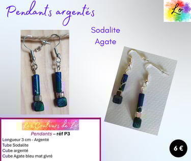 Boucles pendants argentés Sodalite carré métal Agate bleu Les Couleurs de Lo