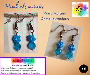 Boucles pendants cuivrés fleur Murano bleu cristal autrichien turquoise Les Couleurs de Lo