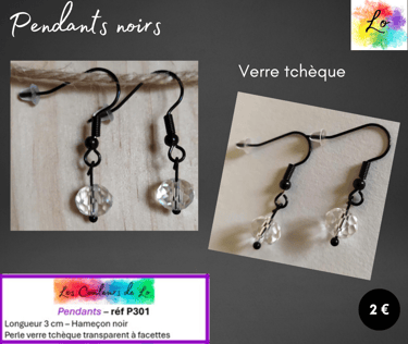 Boucles pendants noirs verre tchèque transparent Les Couleurs de Lo