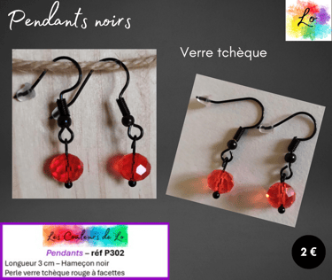 Boucles pendants noirs verre tchèque rouge Les Couleurs de Lo