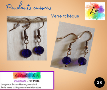Boucles pendants cuivrés verre tchèque bleu marine Les Couleurs de Lo
