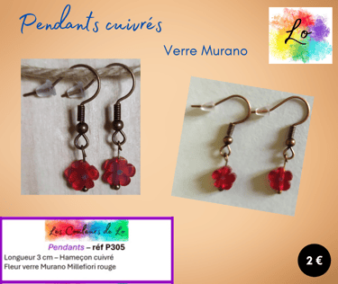 Boucles pendants cuivrés fleur Murano rouge Les Couleurs de Lo
