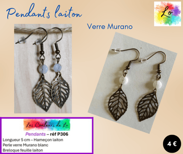 Boucles pendants laiton verre Murano blanc feuille laiton Les Couleurs de Lo