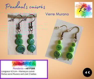 Boucles pendants cuivrés verre Murano vert clair Les Couleurs de Lo