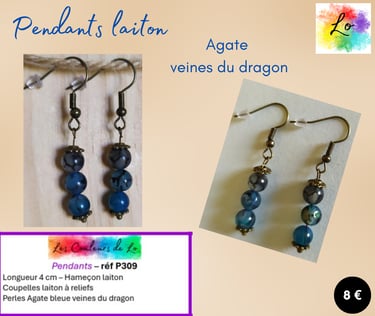 Boucles pendants laiton Agate bleue veines du dragon coupelles laiton Les Couleurs de Lo