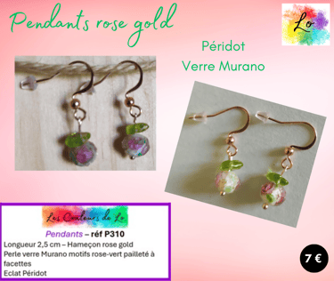 Boucles pendants rose gold Péridot verre Murano rose-vert Les Couleurs de Lo