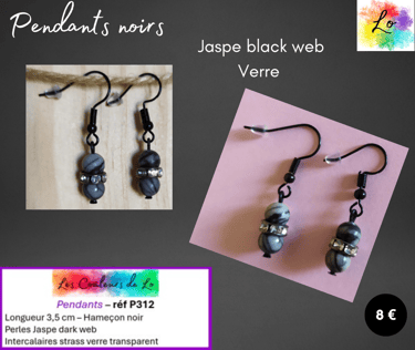 Boucles pendants noirs Jaspe black web strass verre transparent Les Couleurs de Lo