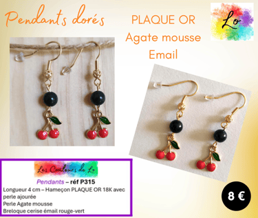 Boucles pendants Plaqué or Agate mousse cerise émail Les Couleurs de Lo