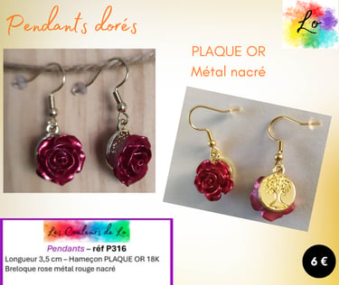 Boucles pendants Plaqué or rose métal rouge nacré Les Couleurs de Lo