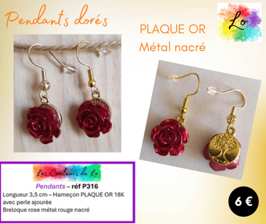Boucles pendants Plaqué or rose métal rouge nacré Les Couleurs de Lo