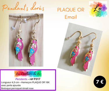 Boucles pendants Plaqué or perroquet émail rose Les Couleurs de Lo
