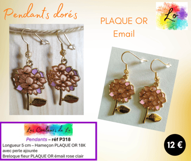 Boucles pendants Plaqué or fleur émail rose clair Les Couleurs de Lo