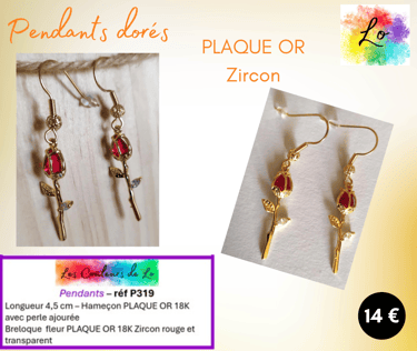 Boucles pendants Plaqué or Zircon rouge Les Couleurs de Lo