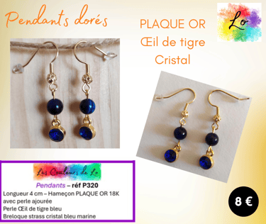 Boucles pendants Plaqué or Œil de tigre bleu cristal bleu Les Couleurs de Lo
