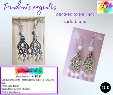 Boucles pendants Argent sterling chandelier argent tibétain Jade blanc Les Couleurs de Lo