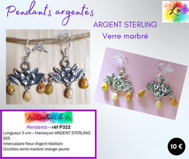 Boucles pendants Argent sterling chandelier argent tibétain verre marbré Les Couleurs de Lo