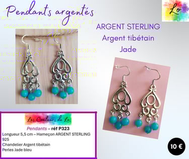 Boucles pendants Argent 925 chandelier Argent tibétain Jade bleu Les Couleurs de Lo