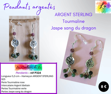 Boucles pendants Argent sterling Tourmaline fleur argent tibétain Jaspe Les Couleurs de Lo