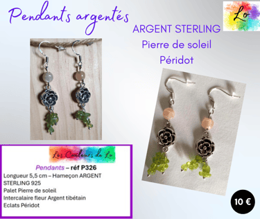Boucles pendants Argent sterling Pierre de soleil fleur argent tibétain Péridot Les Couleurs de Lo