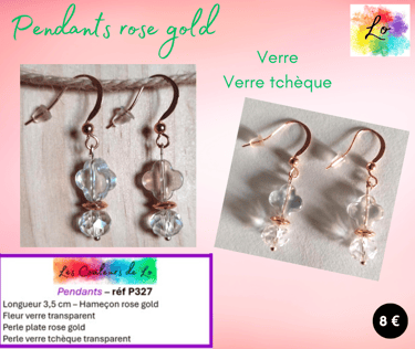 Boucles pendants rose gold fleur verre transparent verre tchèque transparent Les Couleurs de Lo