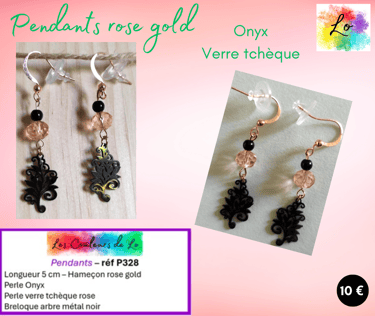Boucles pendants rose gold Onyx verre tchèque rose arbre métal noir Les Couleurs de Lo