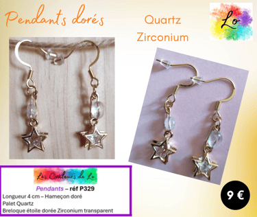 Boucles pendants dorés Quartz étoile dorée Zirconium Les Couleurs de Lo