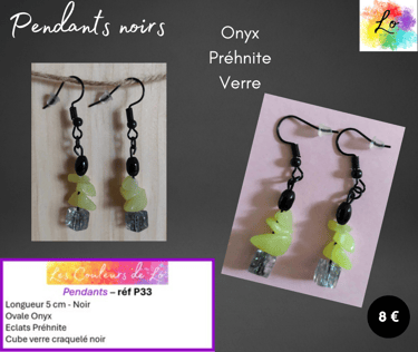 Boucles pendants noirs Onyx Préhnite verre Les Couleurs de Lo
