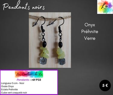 Boucles pendants noirs Onyx Préhnite Les Couleurs de Lo