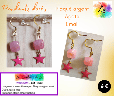 Boucles pendants Plaqué argent Agate rose étoile émail fuchsia Les Couleurs de Lo