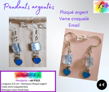 Boucles pendants Plaqué argent verre craquelé bleu cœur émail bleu Les Couleurs de Lo