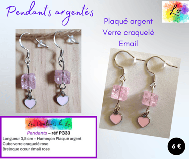 Boucles pendants Plaqué argent verre craquelé  rose cœur émail rose Les Couleurs de Lo