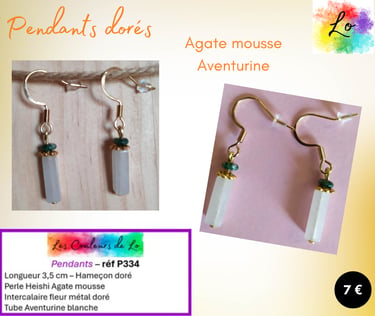 Boucles pendants dorés Agate mousse Aventurine blanche Les Couleurs de Lo
