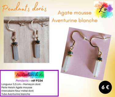 Boucles pendants dorés Agate mousse Aventurine blanche Les Couleurs de Lo