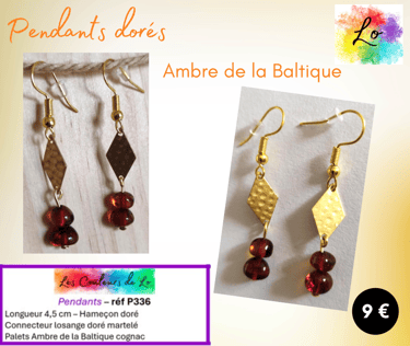 Boucles pendants dorés losange métal martelé Ambre de la Baltique cognac Les Couleurs de Lo