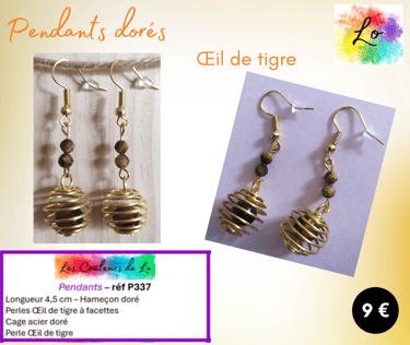 Boucles pendants dorés Œil de tigre Les Couleurs de Lo