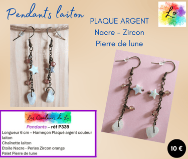 Boucles pendants Plaqué argent laiton chaînette Nacre Zircon Pierre de lune Les Couleurs de Lo
