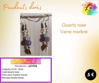 Boucles pendants dorés Quartz rose verre marbré mauve feuille métal Les Couleurs de Lo