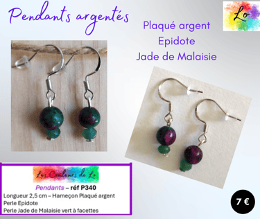 Boucles pendants Plaqué argent Epidote Jade de Malaisie Les Couleurs de Lo