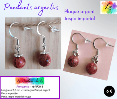 Boucles pendants Plaqué argent fleur argenté Jaspe impérial rouge Les Couleurs de Lo