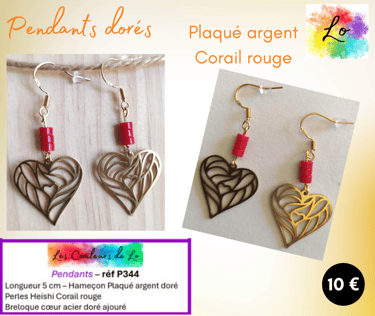 Boucles pendants Plaqué argent dorés Corail rouge cœur acier doré Les Couleurs de Lo