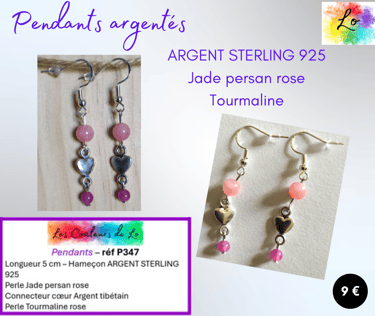Boucles pendants Argent sterling Jade persan cœur Argent tibétain Tourmaline Les Couleurs de Lo