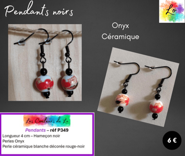 Boucles pendants noirs Onyx céramique décorée Les Couleurs de Lo