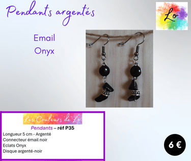 Boucles pendants argentés émail Onyx perle métal Les Couleurs de Lo