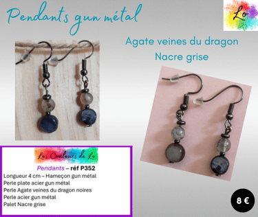 Boucles pendants gun métal Agate veines du dragon Nacre grise Les Couleurs de Lo