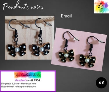 Boucles pendants noirs nœud émail noir avec perle blanche Les Couleurs de Lo