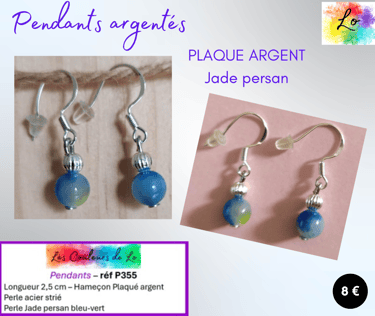 Boucles pendants Plaqué argent perle striée Jade persan Les Couleurs de Lo