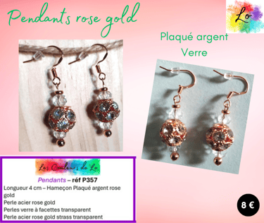 Boucles pendants Plaqué argent rose gold verre à facette strass verre transparent Les Couleurs de Lo