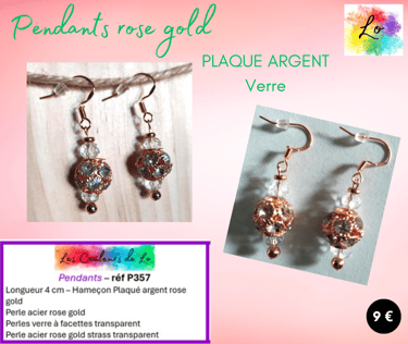 Boucles pendants Plaqué argent rose gold verre à facette strass verre transparent Les Couleurs de Lo