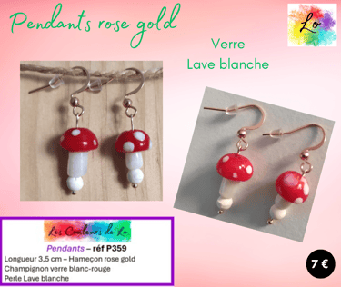 Boucles pendants rose gold champignon verre Lave blanche Les Couleurs de Lo