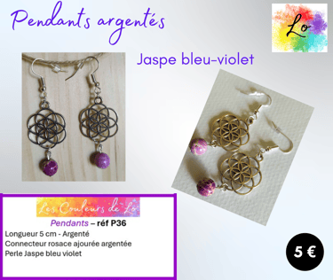 Boucles pendants argentés rosace métal Jaspe bleu-violet Les Couleurs de Lo